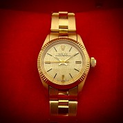 rolex vintage 1972 oyster perpetual 25mm lady  6719 18ct gold lady tapisserie dial 1